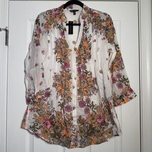 Boho White Colorful Floral Button Down Sheer Flowy Blouse Summer Spring